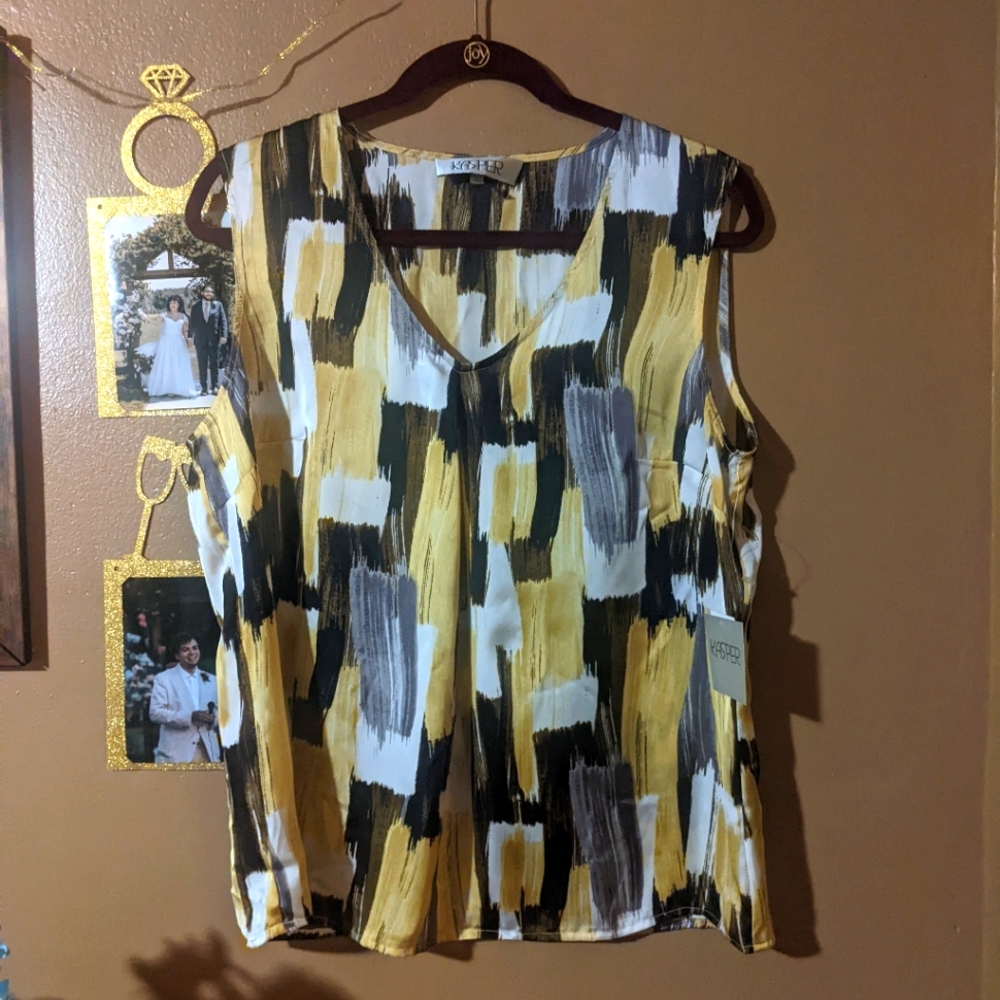Sleeveless Blouse Yellow Gold White Black print Women's Large Kasper Top